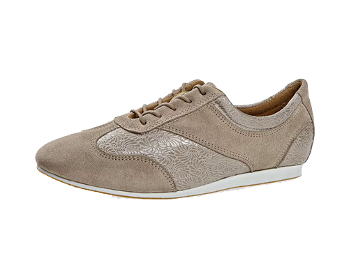 Model 183-435-644-Y<br>Ladies Dance Sneaker made of beige suede combined with Nautilus beige with a classy foilprint high-class materials from Italy are used.